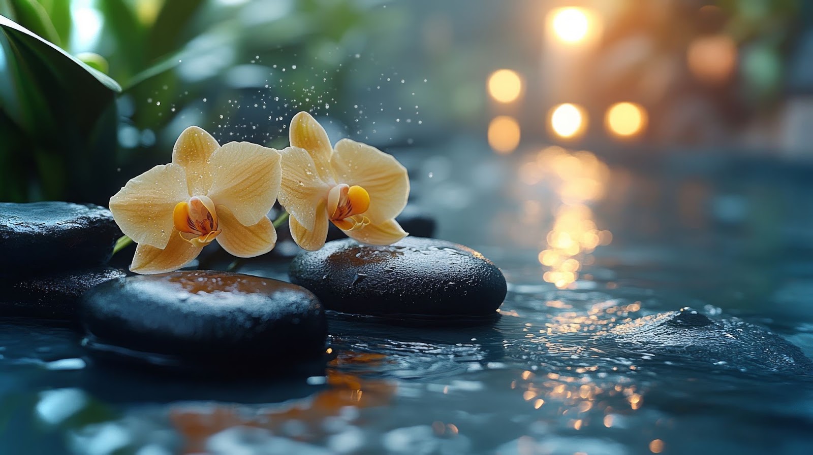 Spa setting with orchids and stones in water.