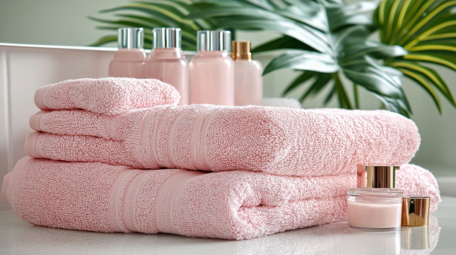 Stack of pink towels with bottles and plants.