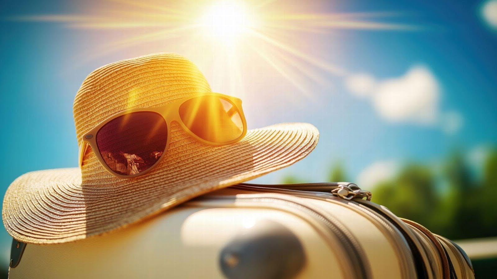 A hat and sunglasses resting on top of a suitcase suggesting a travel or vacation theme