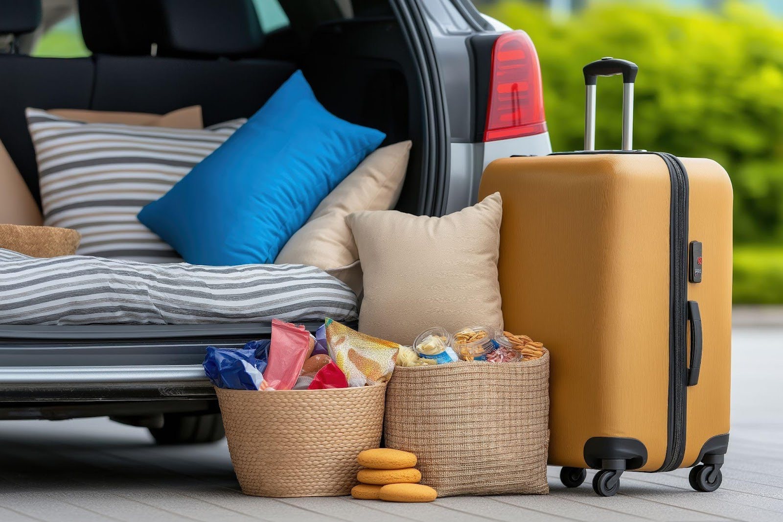 A suitcase and a basket of food are placed in the trunk of a car ready for a trip or picnic